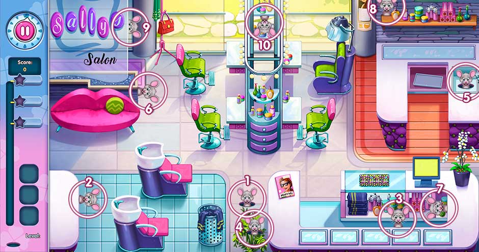 Sally's Salon - Kiss & Make-Up - Mice Locations Levels 1 - 10